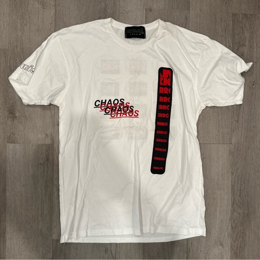 SWISH by Sorella Chaos Graphic T-shirt Size Large Mens Cotton White NWOT